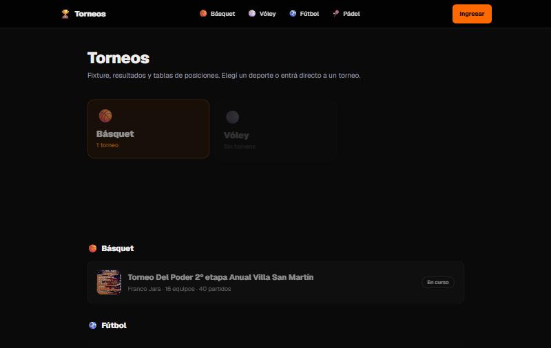 Pantalla de MisDeportes con torneos y tablas de posiciones