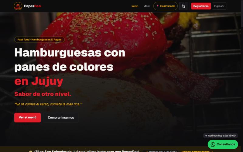 Portada del sitio de PapasRasi con hamburguesas de panes de colores